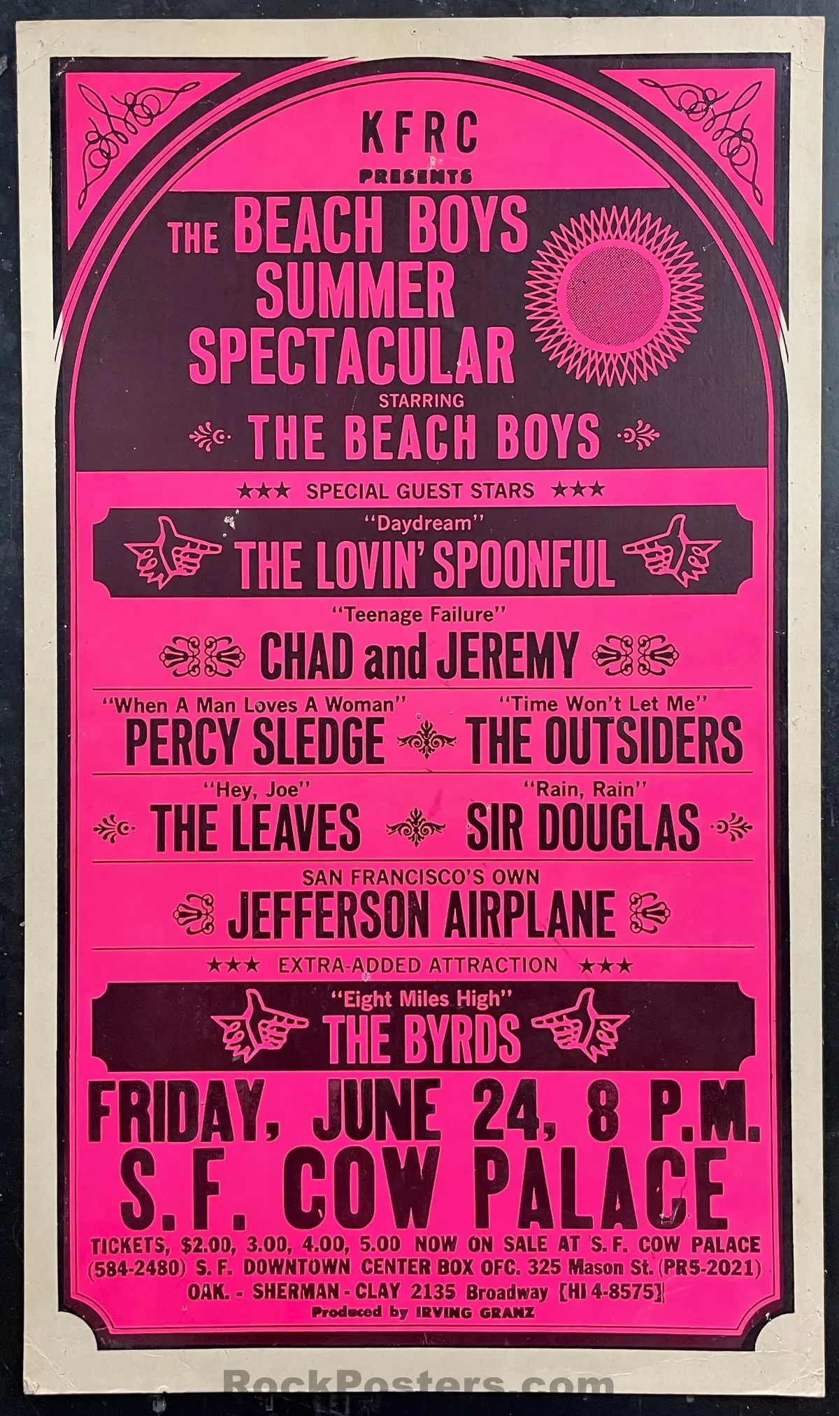 Auction - Byrds Beach Boys Airplane - 1966 Cardboard Poster - Cow Palace -  Excellent 1