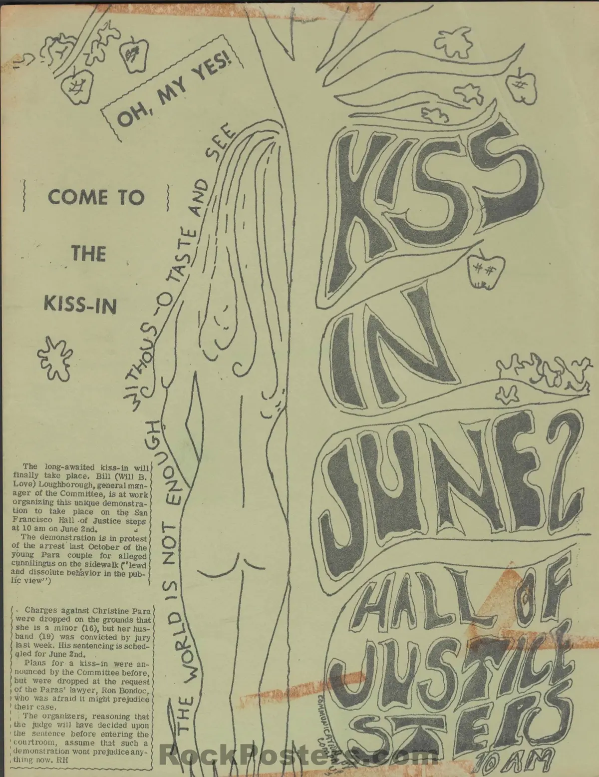 Auction -  Kiss-In - 1967 Protest  Handbill -  Hall Of Justice Sf  - Very Good 1