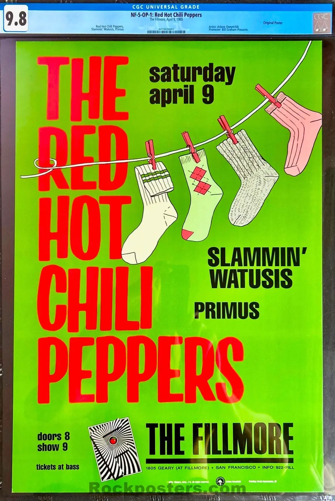 Auction - Nf-5 - Red Hot Chili Peppers - Arlene Owseichik - 1988 Concert Poster - The Fillmore - Cgc Graded 9.8 1