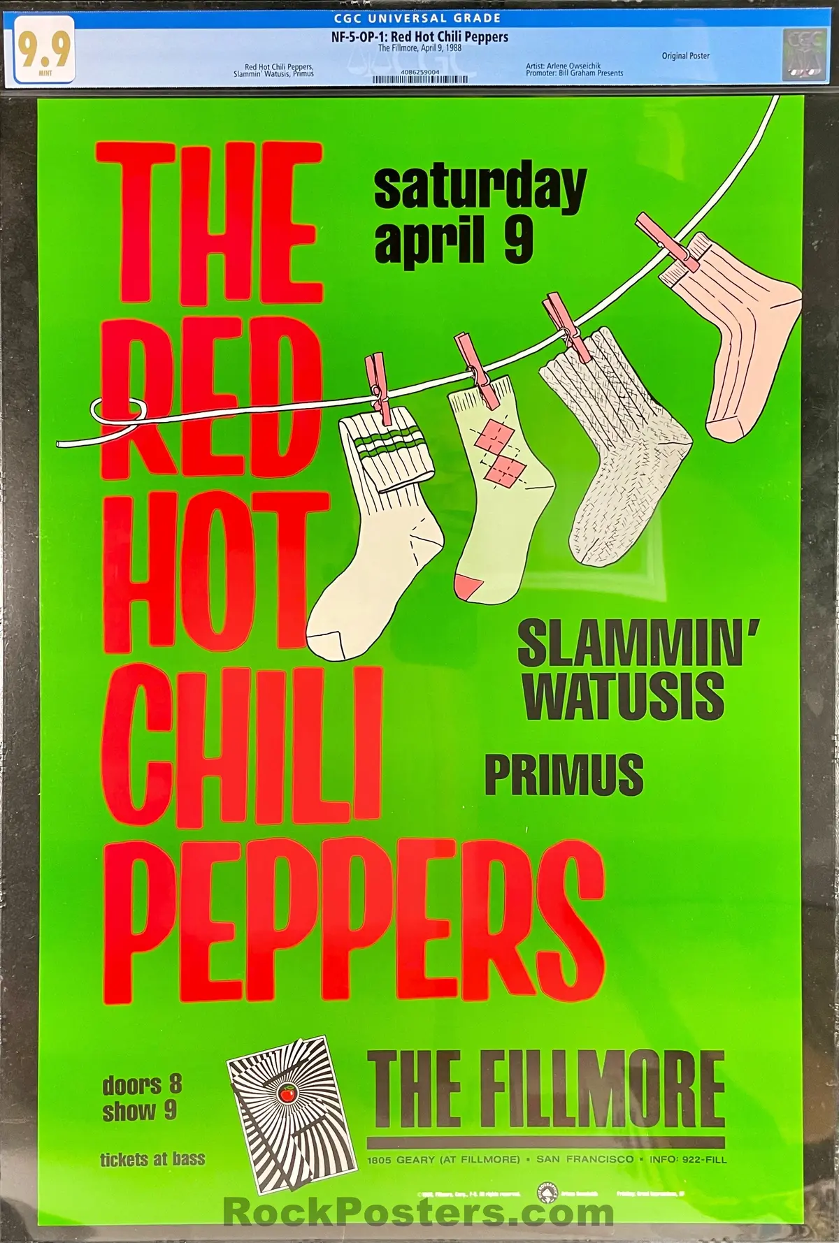 Auction - Nf-5 - Red Hot Chili Peppers - Arlene Owseichik - 1988 Poster - The Fillmore - Cgc Graded 9.9 Mint 1