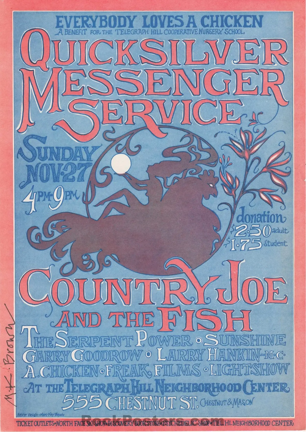 Auction - Quicksilver Messenger - Mary Kay Brown Signed - San Francisco - 1968 Benefit Handbill - Excellent 1