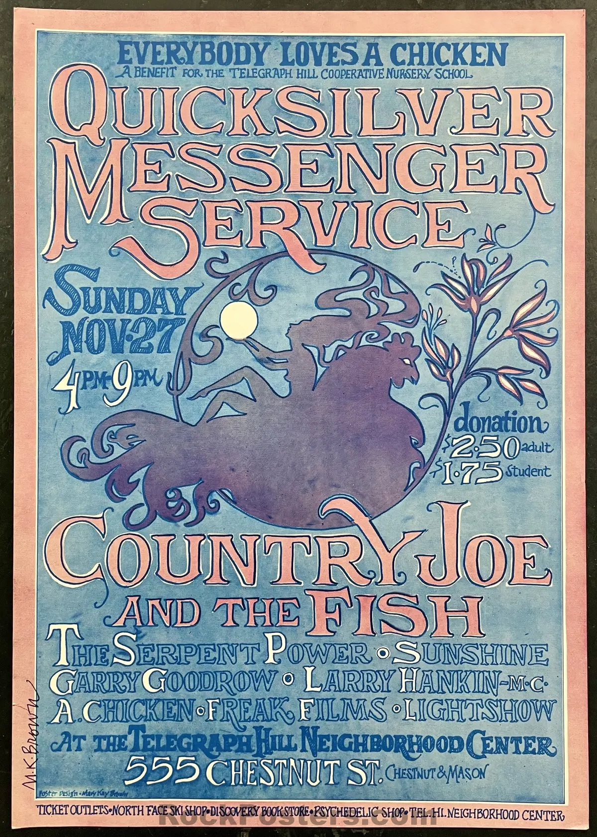 Auction - Quicksilver Messenger  - Mary Kay Brown Signed - 1968 Benefit Poster - San Francisco - Excellent 1