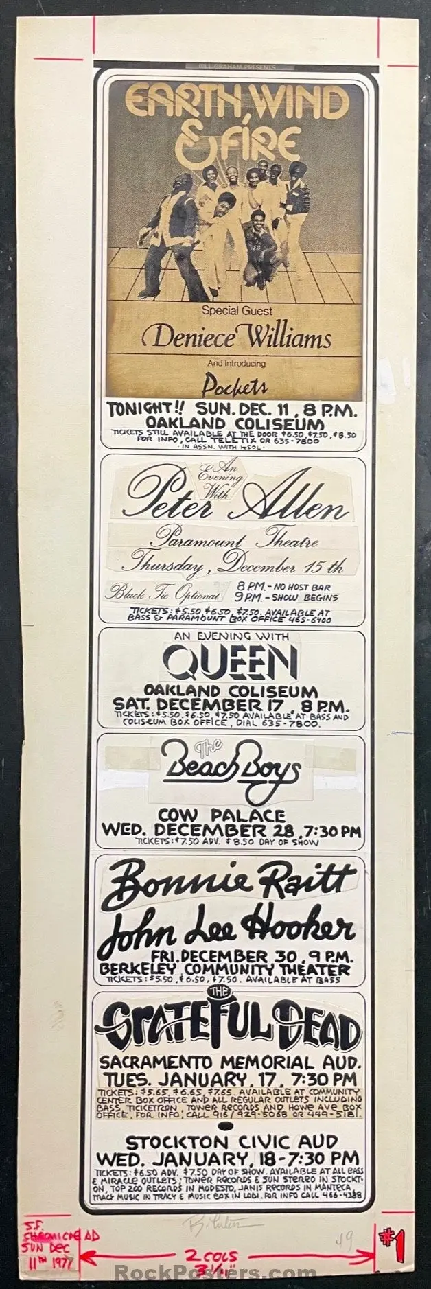 Original Art - Grateful Dead - Queen/Beach Boys - Randy Tuten Signed - 1977 Sf Chronicle Ad - Multiple Venues - Excellent 1