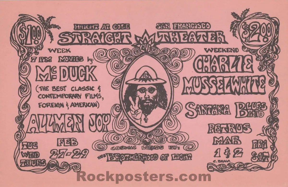 Auction - Santana - C. Barga - 1968 Handbill - Straight Theater - Near Mint 1