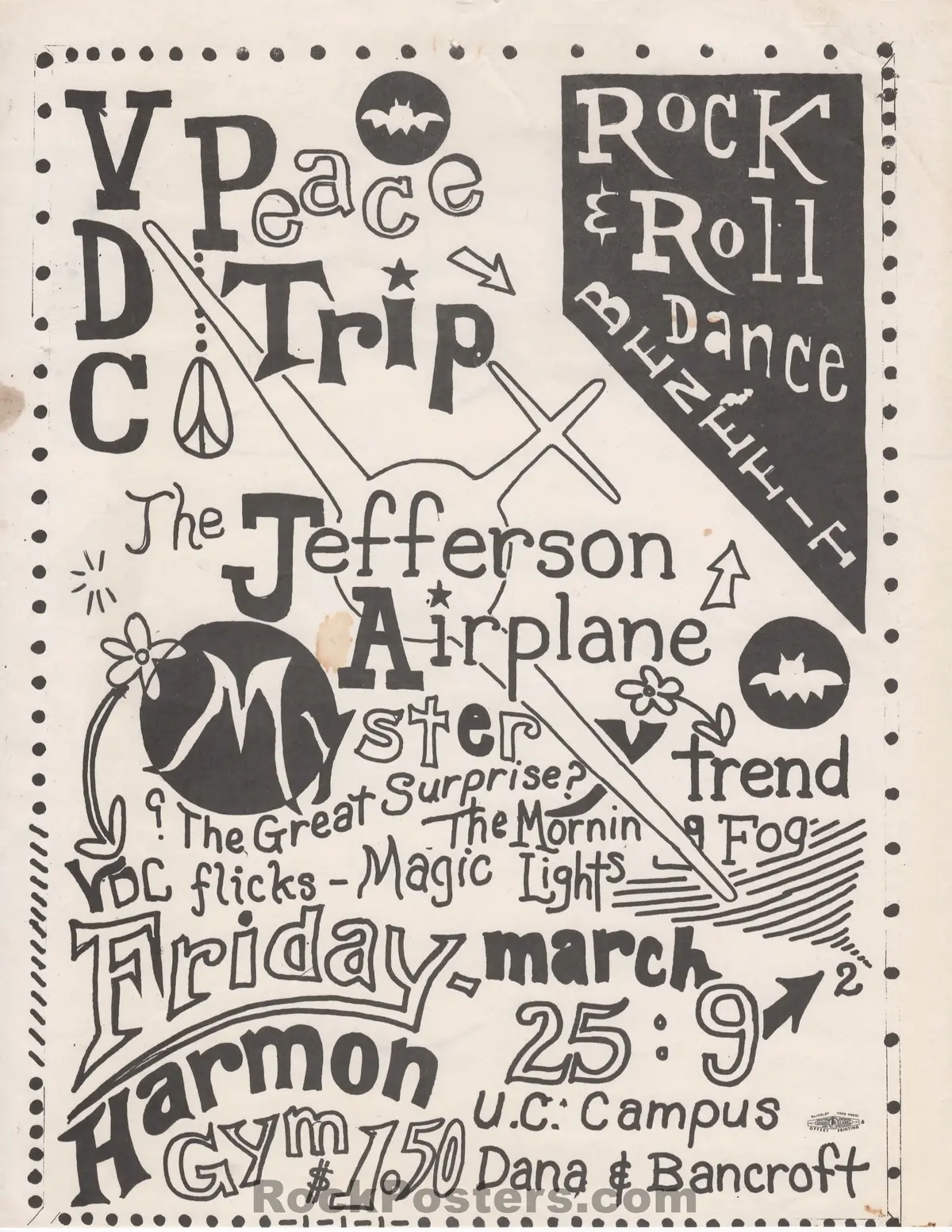 Auction - Aor 2.275 - Jefferson Airplane - Vdc Peace Trip - Uc Berkeley - 1966 Handbill - Excellent 1