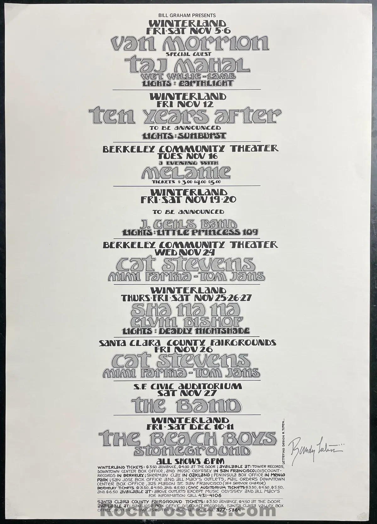 Auction - Van Morrison The Band - The Beach Boys - Randy Tuten Signed - S.F. Civic/ Winterland - 1971 Calendar Poster - Excellent 1